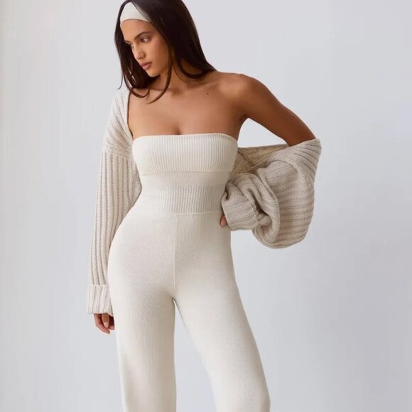 Bandeau  Flare Ribbed Jumpsuit in Cream - Picture 1 of 6